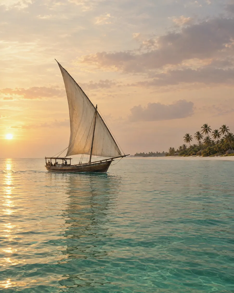 A traditional dhow sailing on turquoise water at golden hour