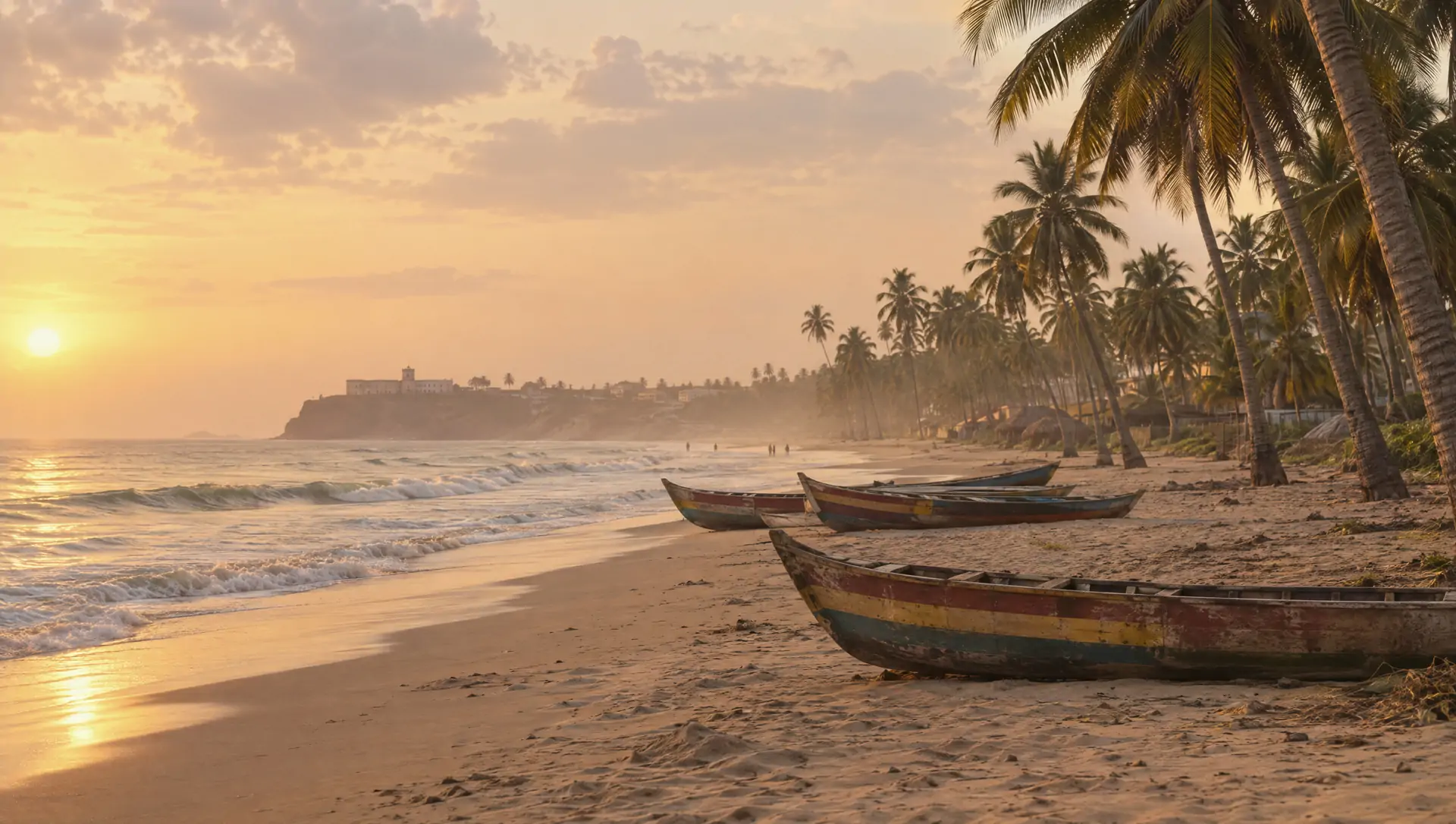 Painted fishing canoes on a palm-lined beach on the Ghanaian coast at golden hour