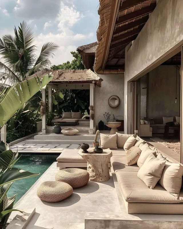An open-air villa lounge with cream cushions beside a private pool