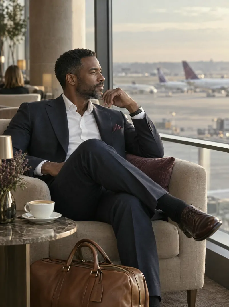 A traveller in a tailored suit relaxing in an airport lounge