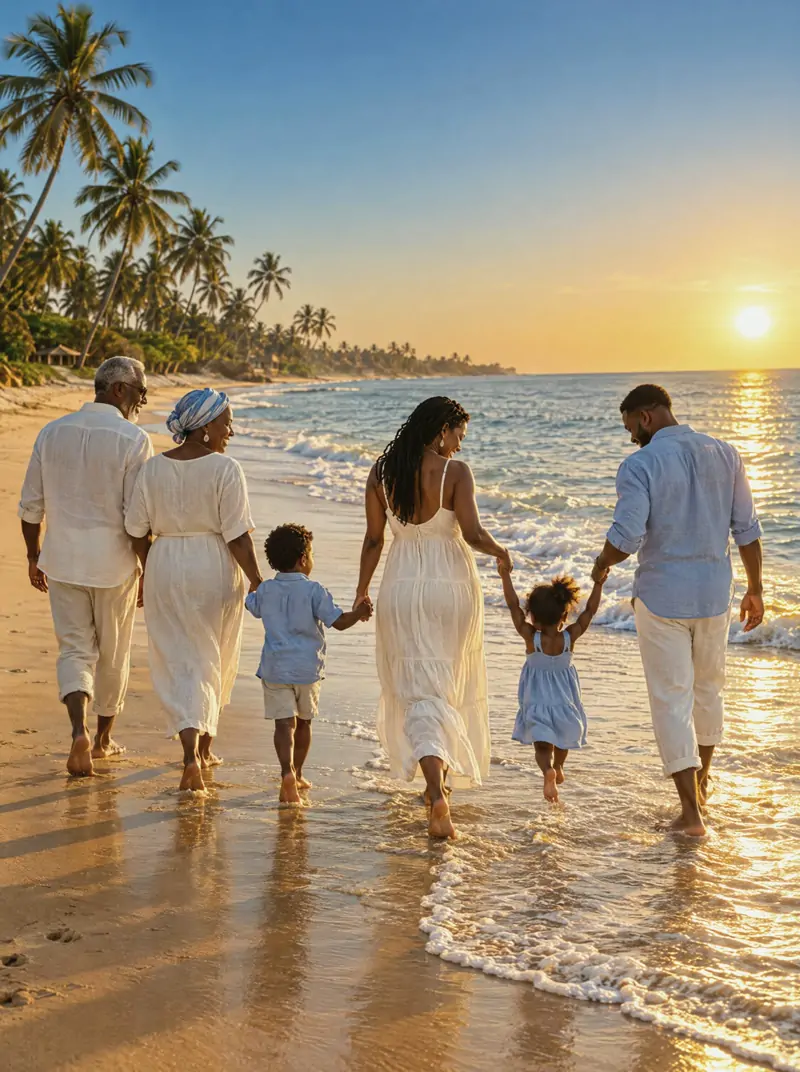 A family of three generations walking together along a beach