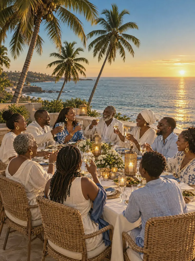A group sharing dinner on a beachfront terrace