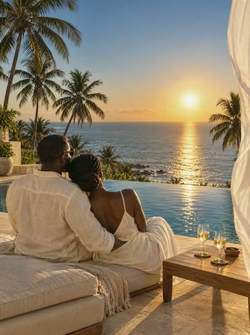 A couple on a villa terrace looking out over the ocean