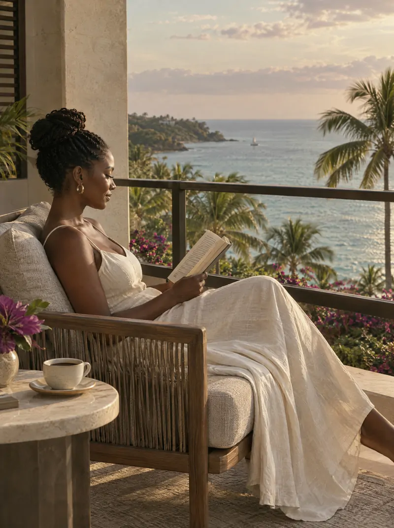 A woman reading on a sunlit balcony above a calm sea