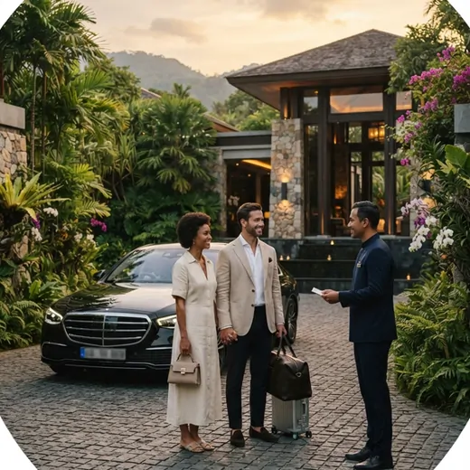 Travellers welcomed by a host outside a tropical villa