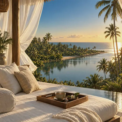 An open-air pavilion with a linen daybed and tea, overlooking a lagoon