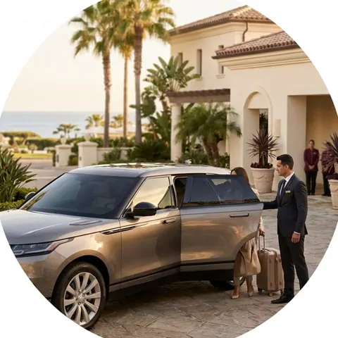 A chauffeur opening the door of a car outside a villa
