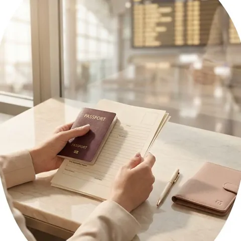 Hands holding a passport over a travel notebook